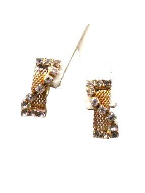 Vintage Mesh Earrings With Crystal Channel Overlay, Sparkly Retro Gold Tone
